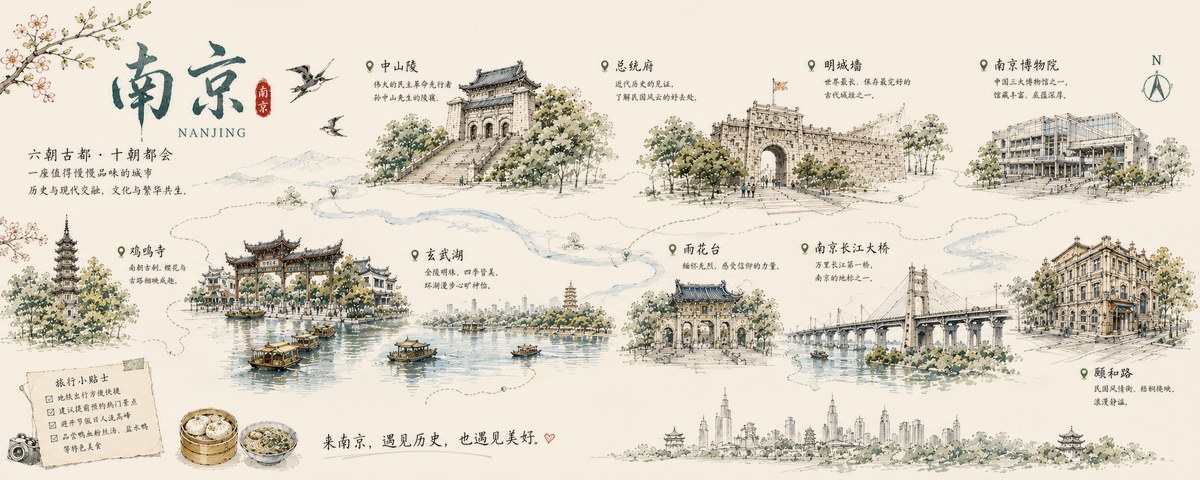 南京水彩手绘地图：中山陵、总统府、明城墙、南京博物院、鸡鸣寺、玄武湖、雨花台、长江大桥、颐和路
